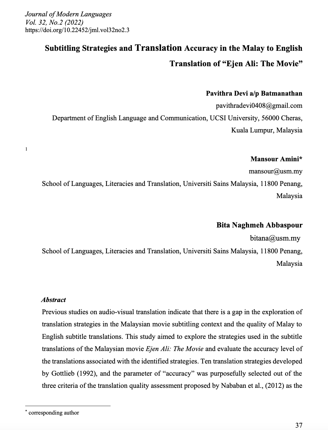 Article 3_Subtitling Strategies and Translation Accuracy in the Malay to English Translation of “Ejen Ali: The Movie”