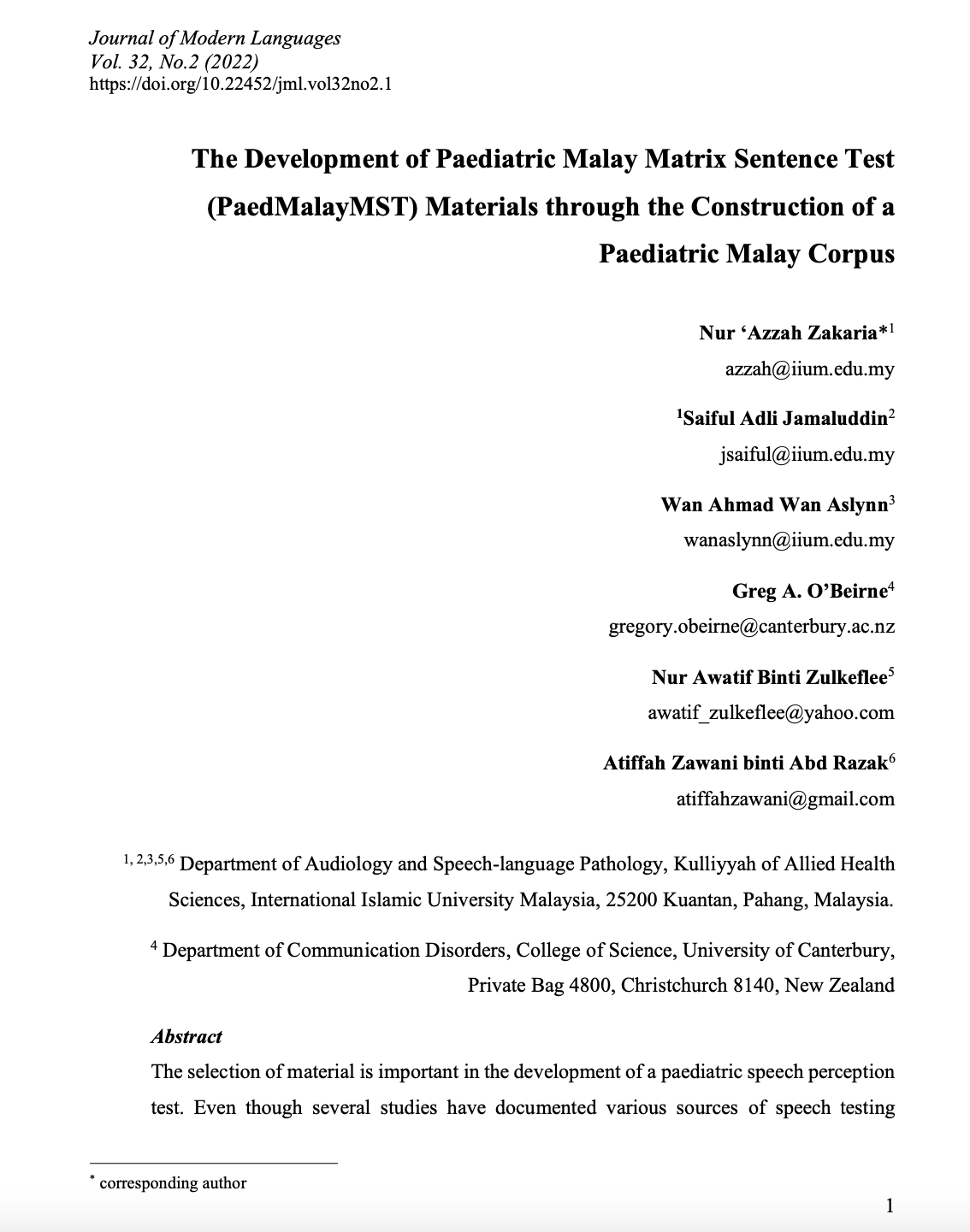Article 1_The Development of Paediatric Malay Matrix Sentence Test (PaedMalayMST) Materials