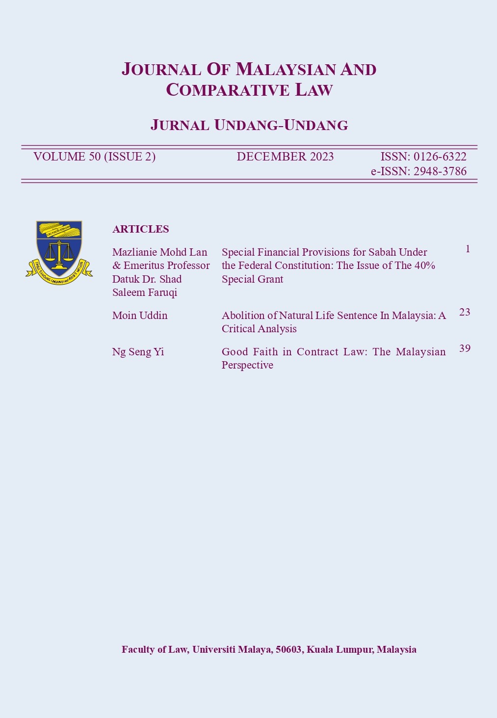 View Vol. 50 No. 2 (2023): JOURNAL OF MALAYSIAN AND COMPARATIVE LAW