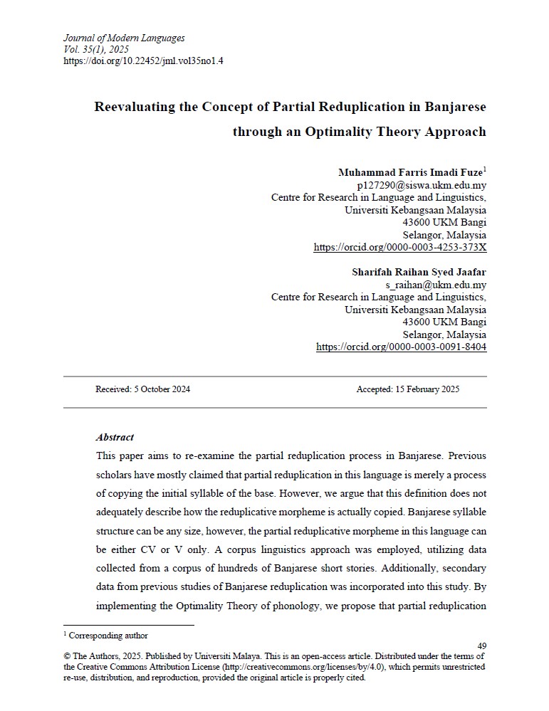 Reevaluating the Concept of Partial Reduplication in Banjarese through an Optimality Theory Approach
